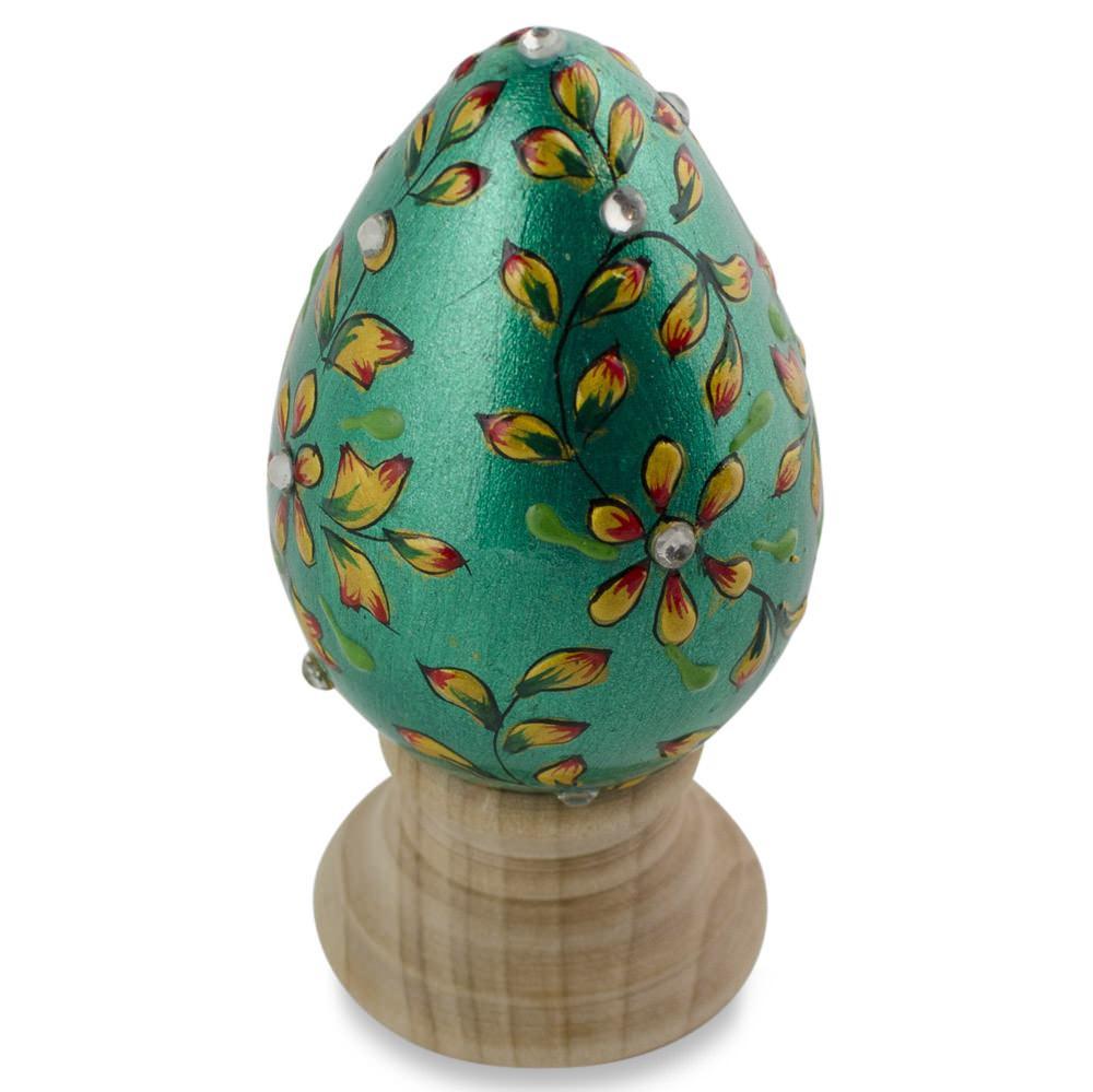 Jeweled Green Flowers Wooden Easter Egg