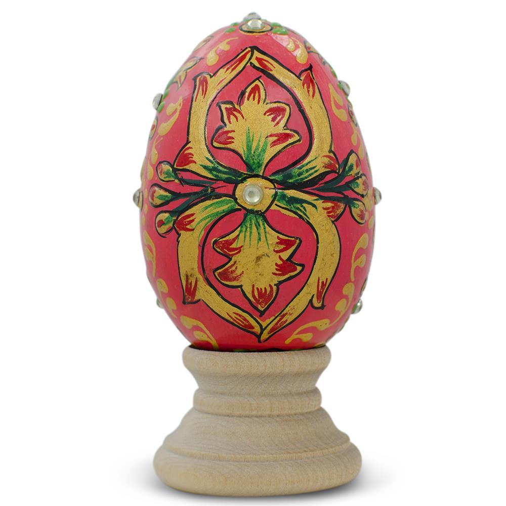 Jeweled Embossed Oriental Red Flower Wooden Easter Egg 3 Inches