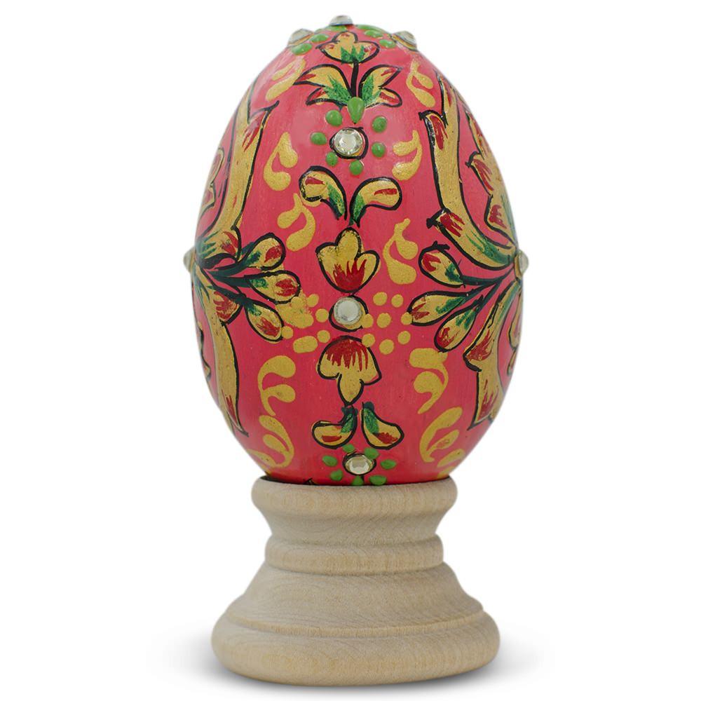 Jeweled Embossed Oriental Red Flower Wooden Easter Egg 3 Inches