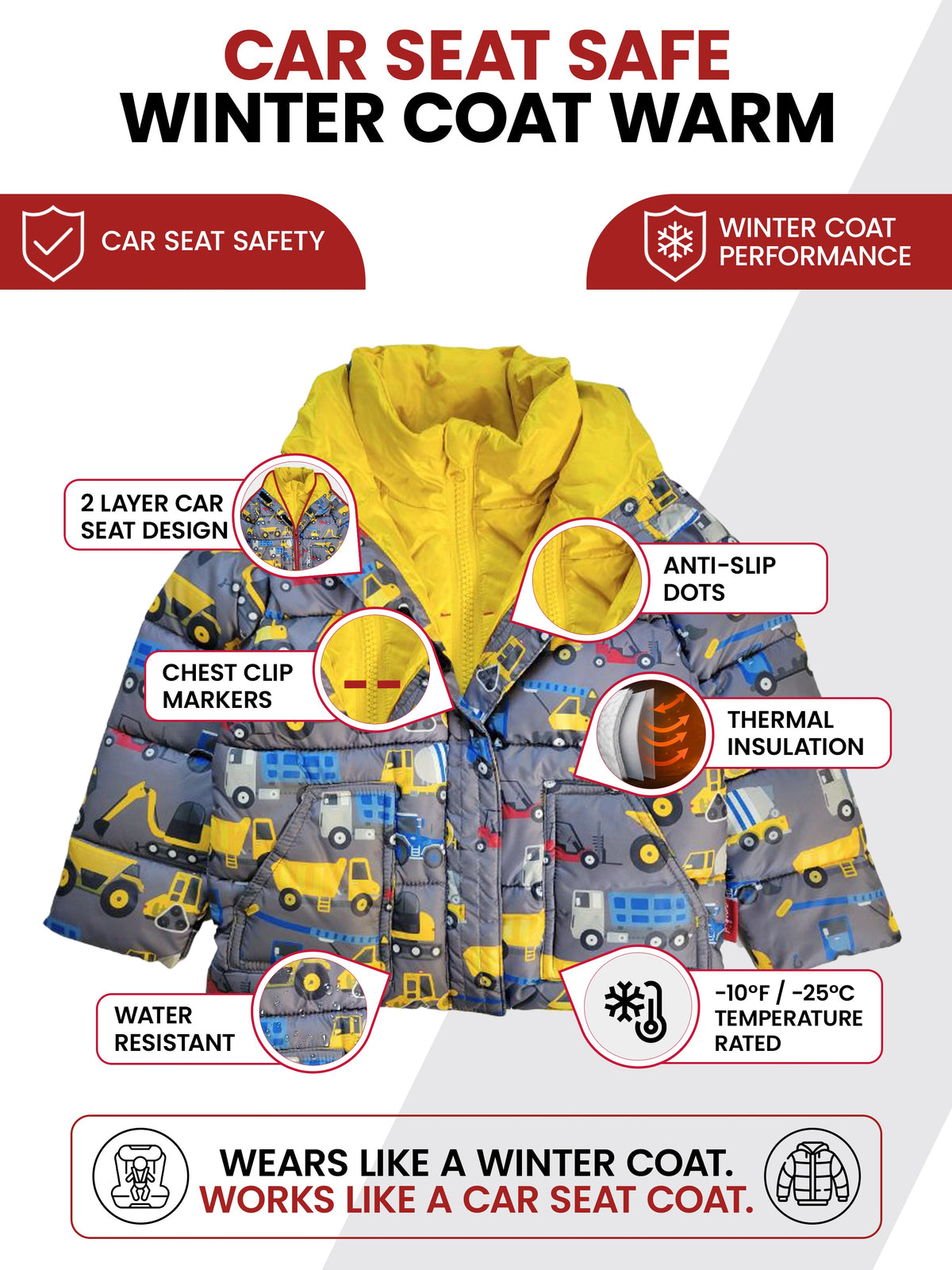 Car Seat Coat | The Road Coat Vegan - Construction Print