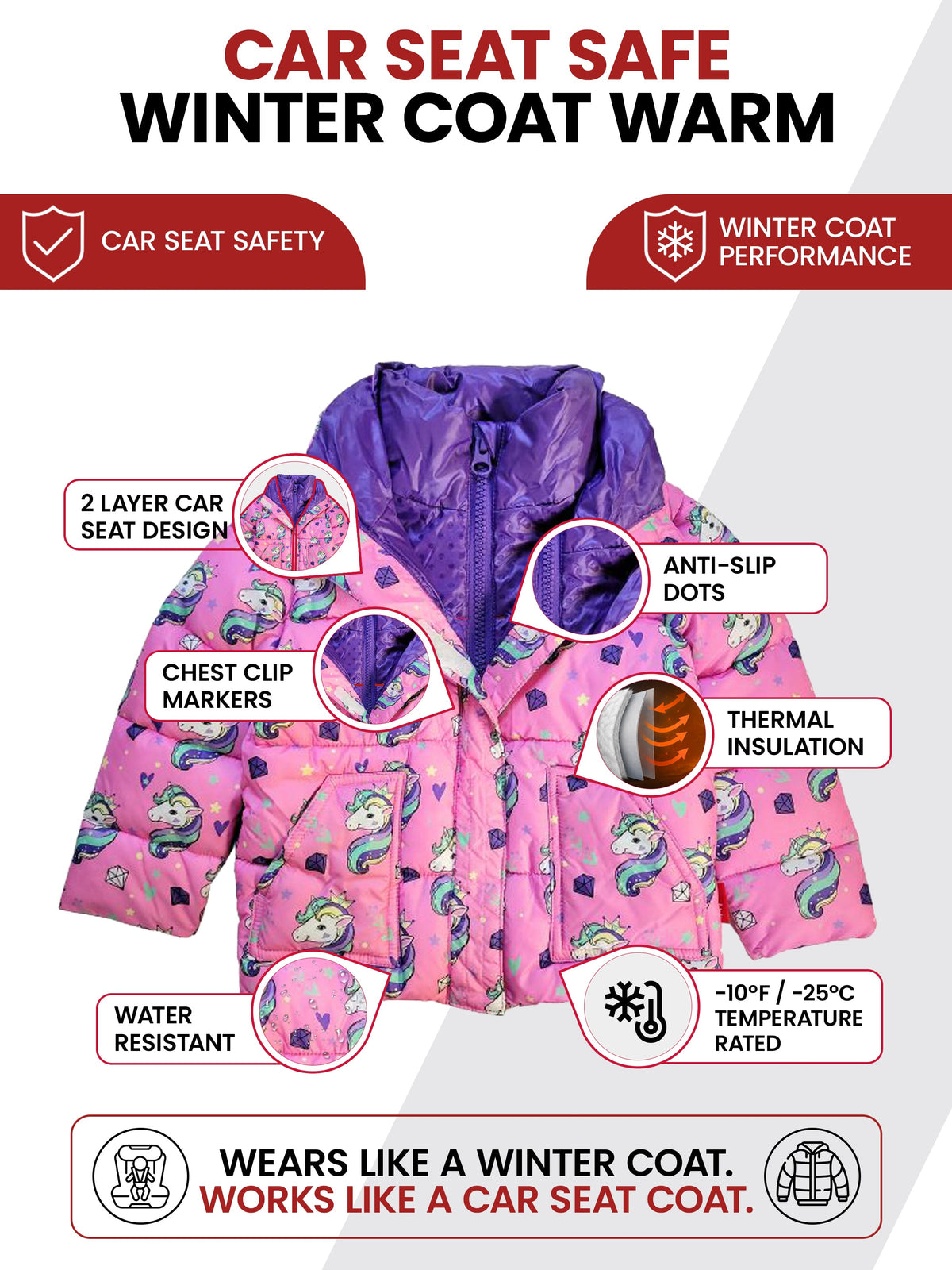 Car Seat Coat | The Road Coat Vegan - Unicorn Print