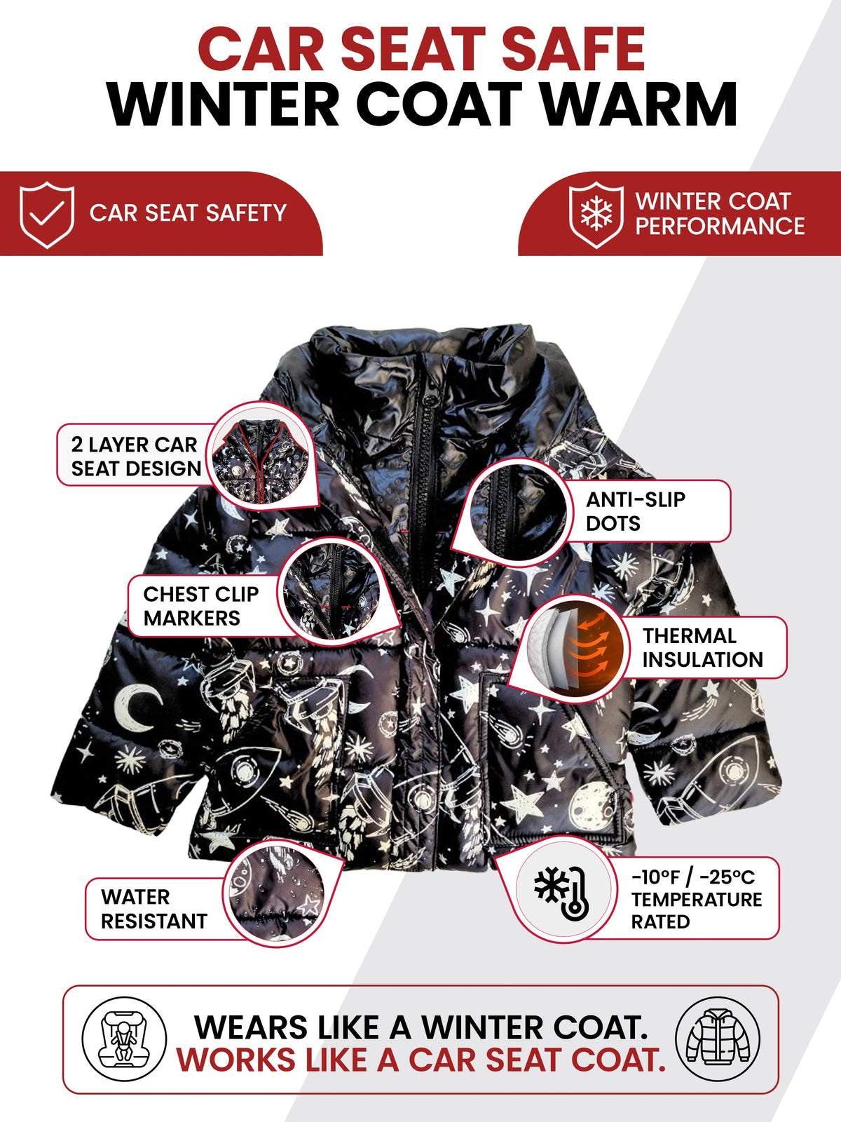 Car Seat Coat | The Road Coat Vegan - Rocketship Print