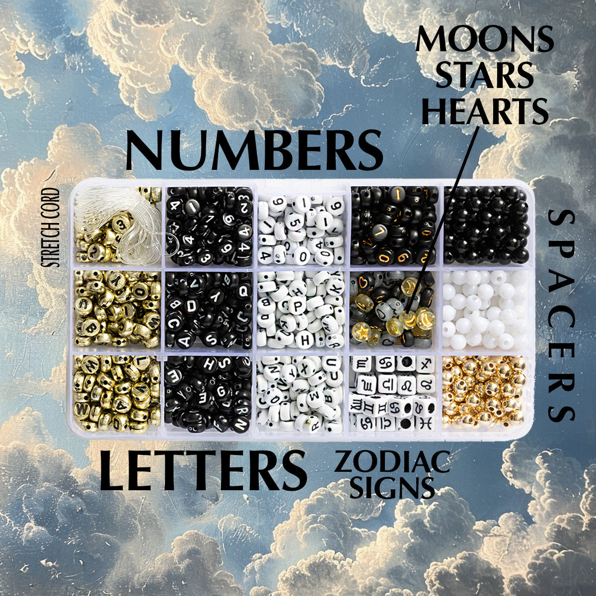 Number Astrology Zodiac Symbol Metallic Gold And Black Letter Bead Kit Box