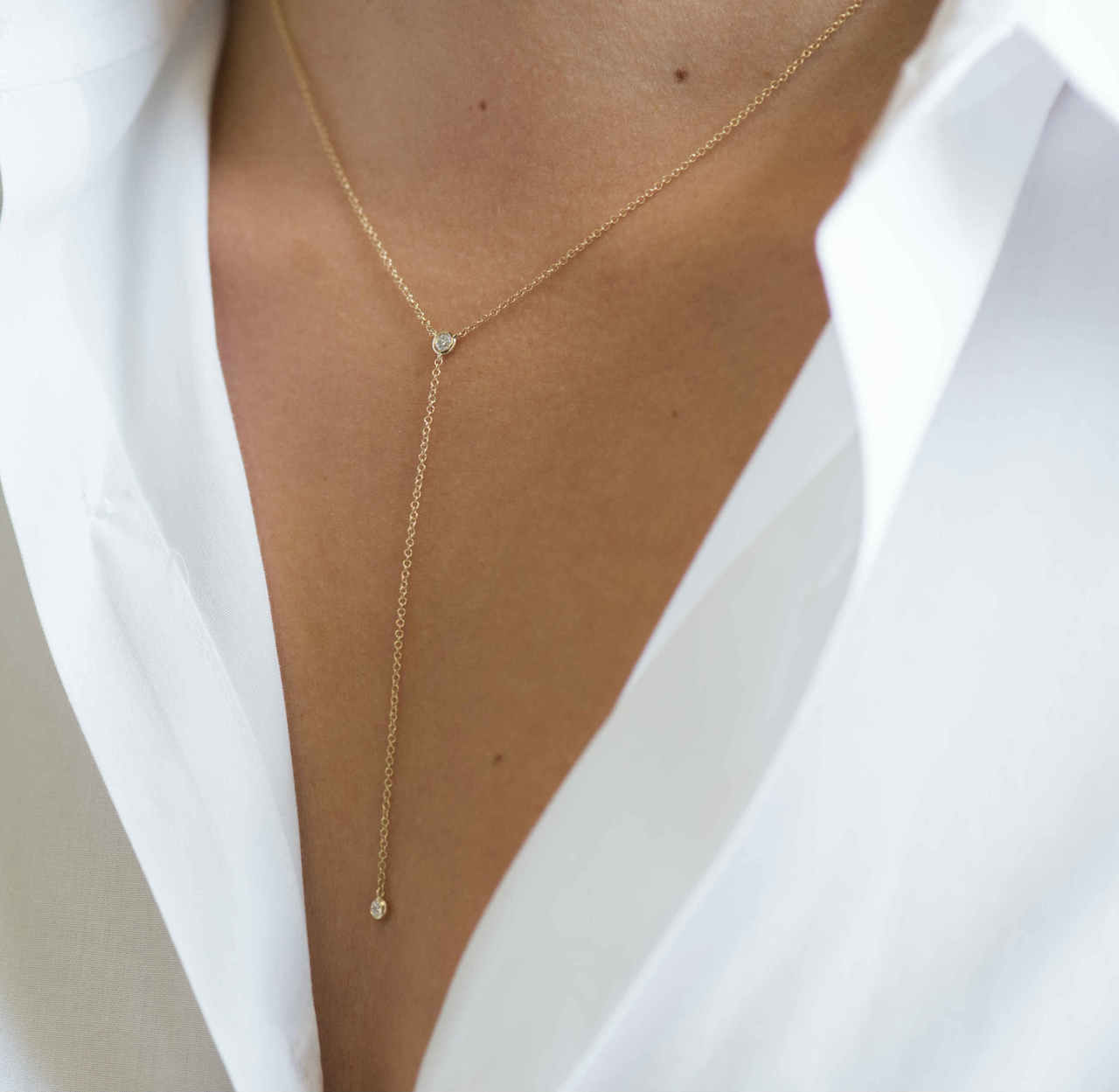 14k Gold Bezel Diamond Lariat Necklace