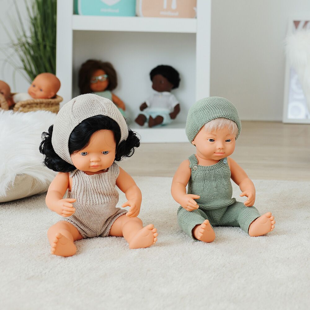 Miniland Knitted Doll Outfit 15" – Overall & Beanie Hat Doll Accessories