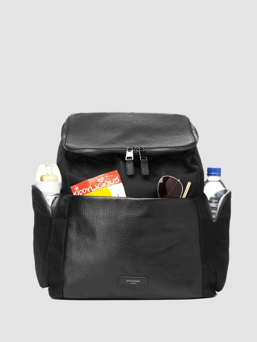 Storksak Alyssa Black & Gunmetal Leather Diaper Bag Backpacks