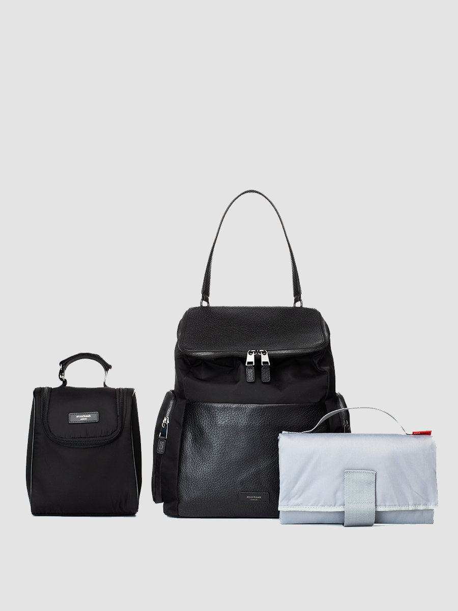 Storksak Alyssa Black & Gunmetal Leather Diaper Bag Backpacks