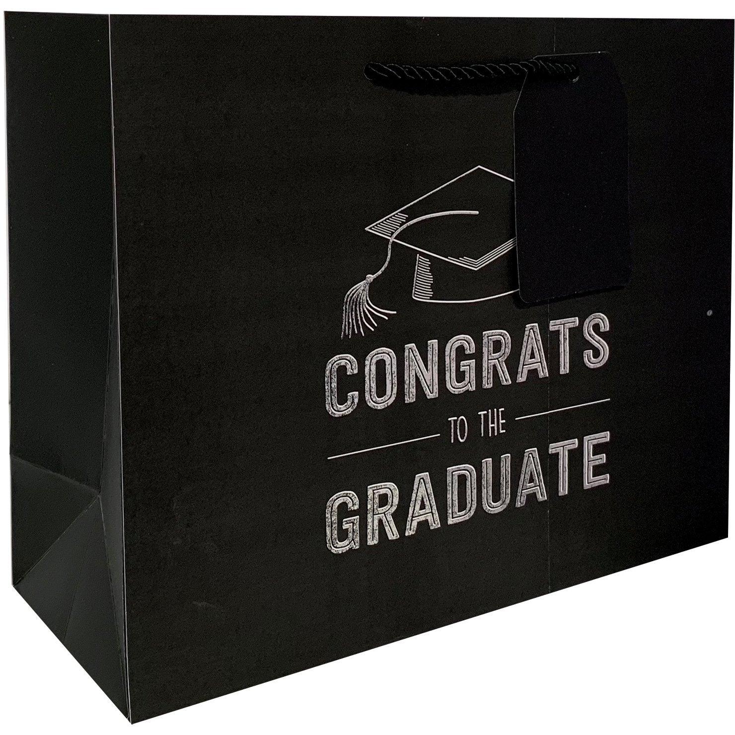 Large Matte Black Graduation Gift Bags with Silver Foil, Congrats