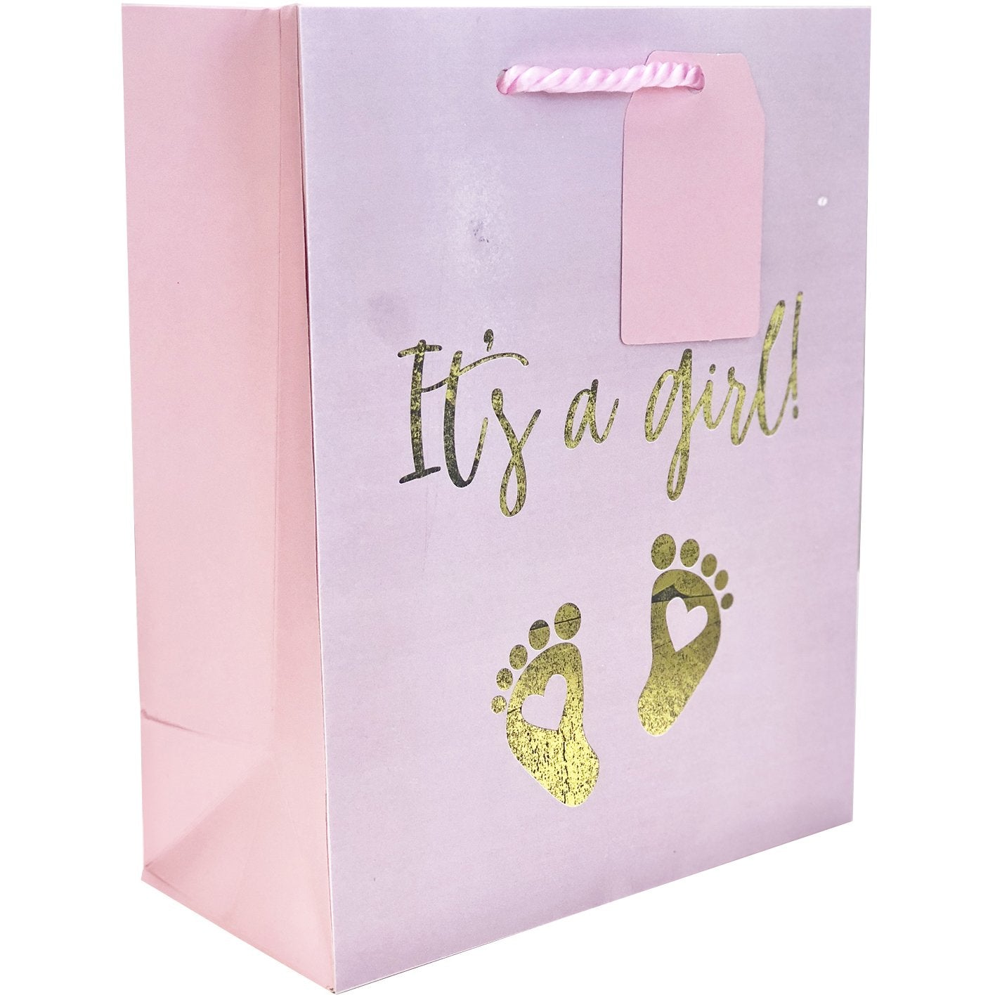 Medium Matte Pastel Pink Baby Gift Bags with Foil, It's a Girl