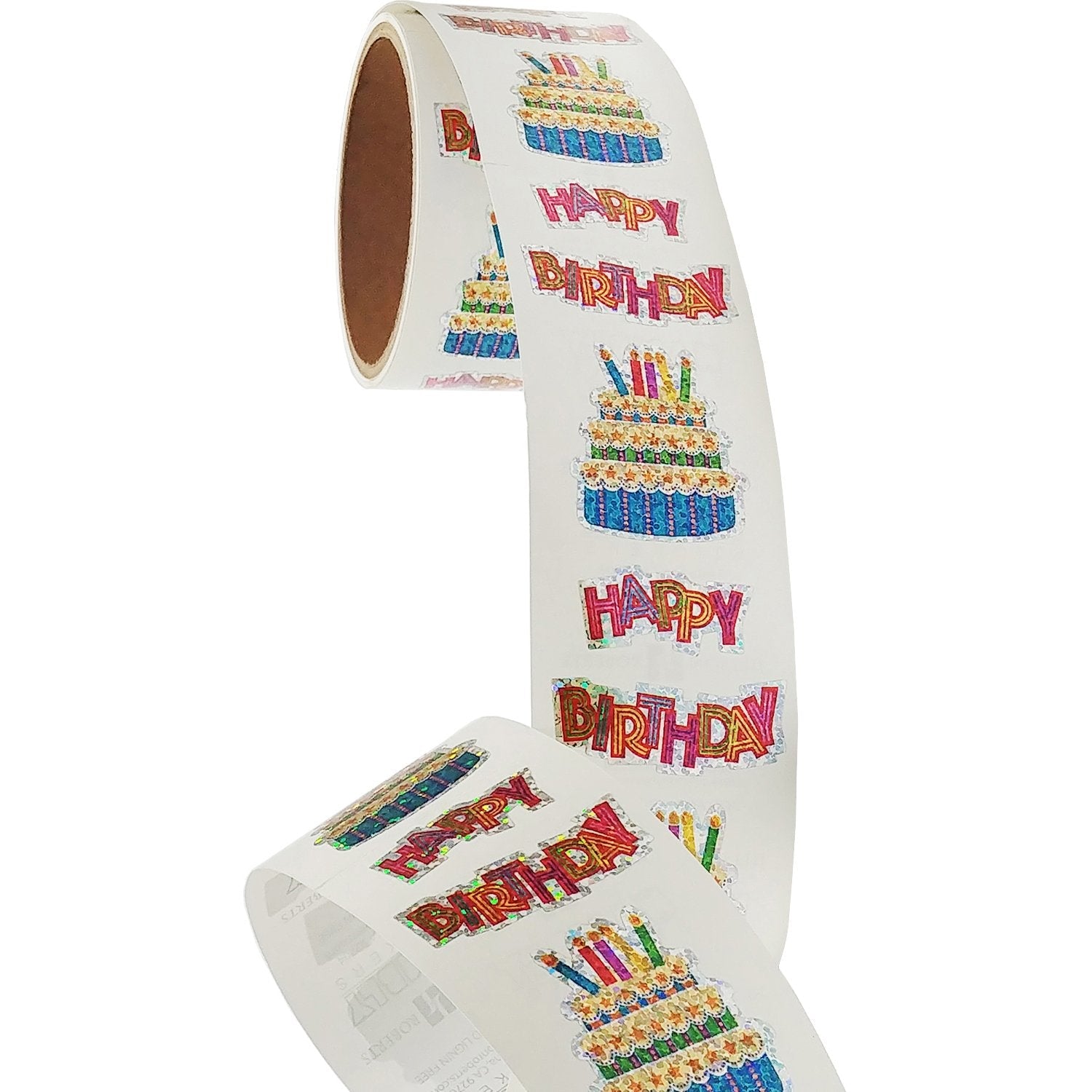 Bulk Roll Prismatic Stickers, Happy Birthday with Cake (50 Repeats)