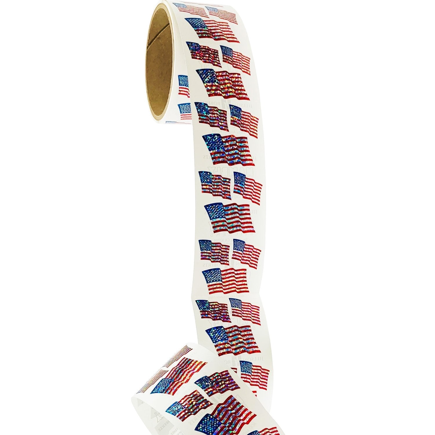 Bulk Roll Prismatic Stickers, American Flags (100 Repeats)