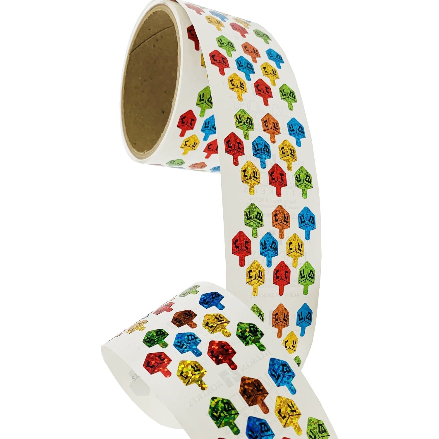 Bulk Roll Prismatic Stickers, Hanukkah Multicolor Dreidels (100 Repeats)