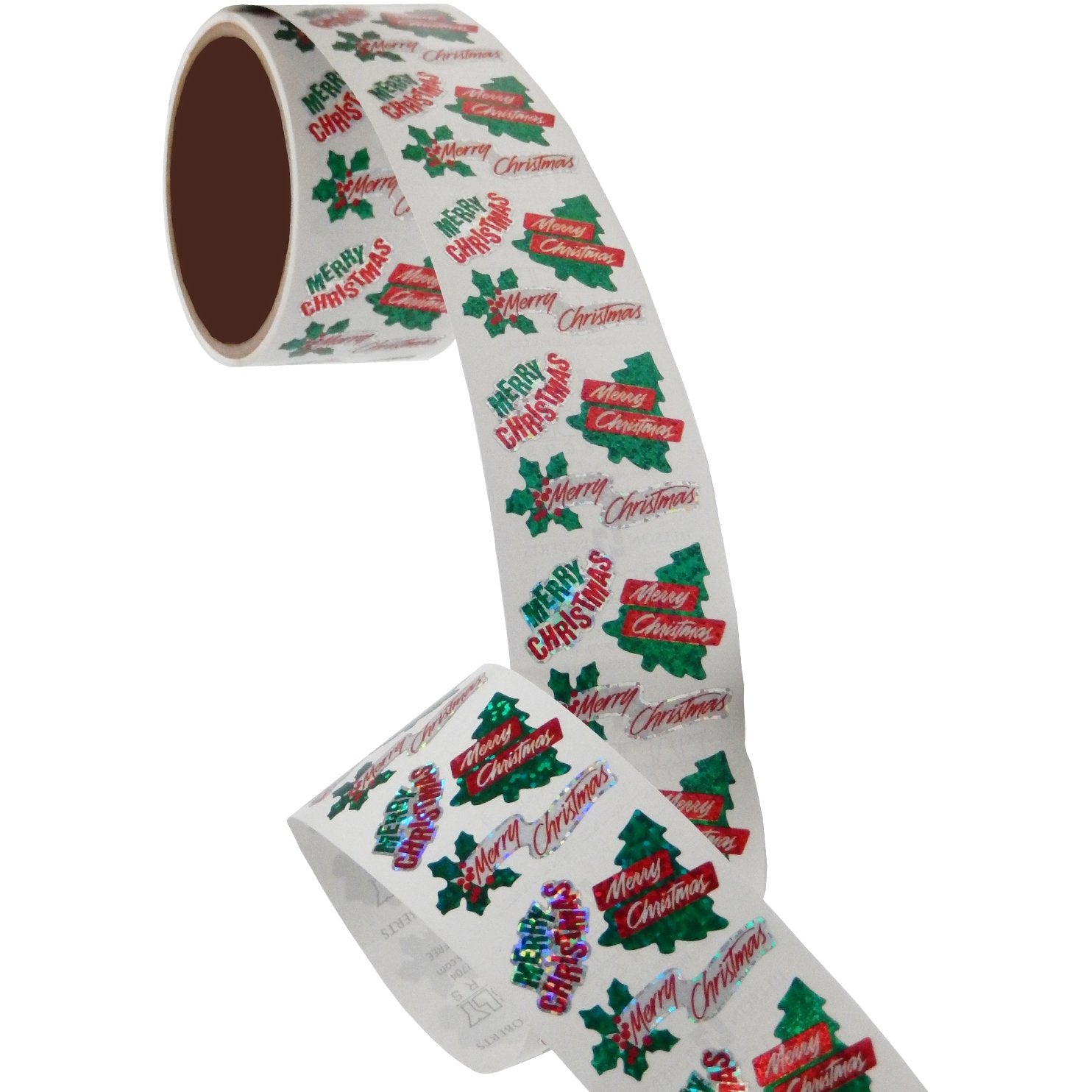 Bulk Roll Prismatic Stickers, Three Mini Merry Christmas (100 Repeats)