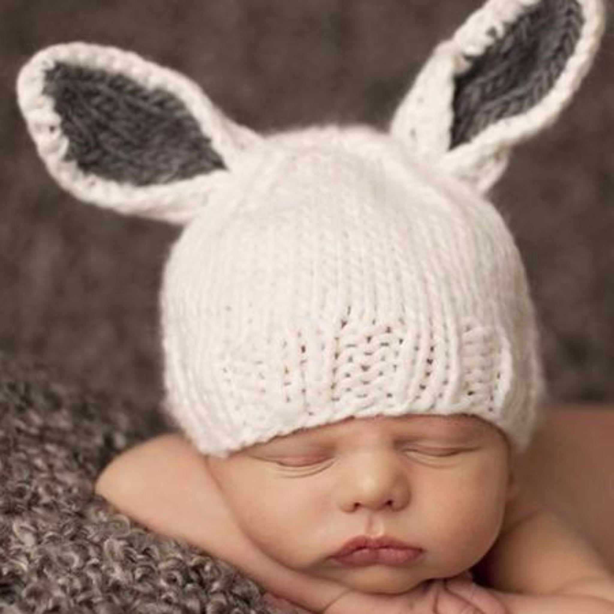 The Blueberry Hill Bailey Bunny Hand-Knit Hat, White with Gray Ears