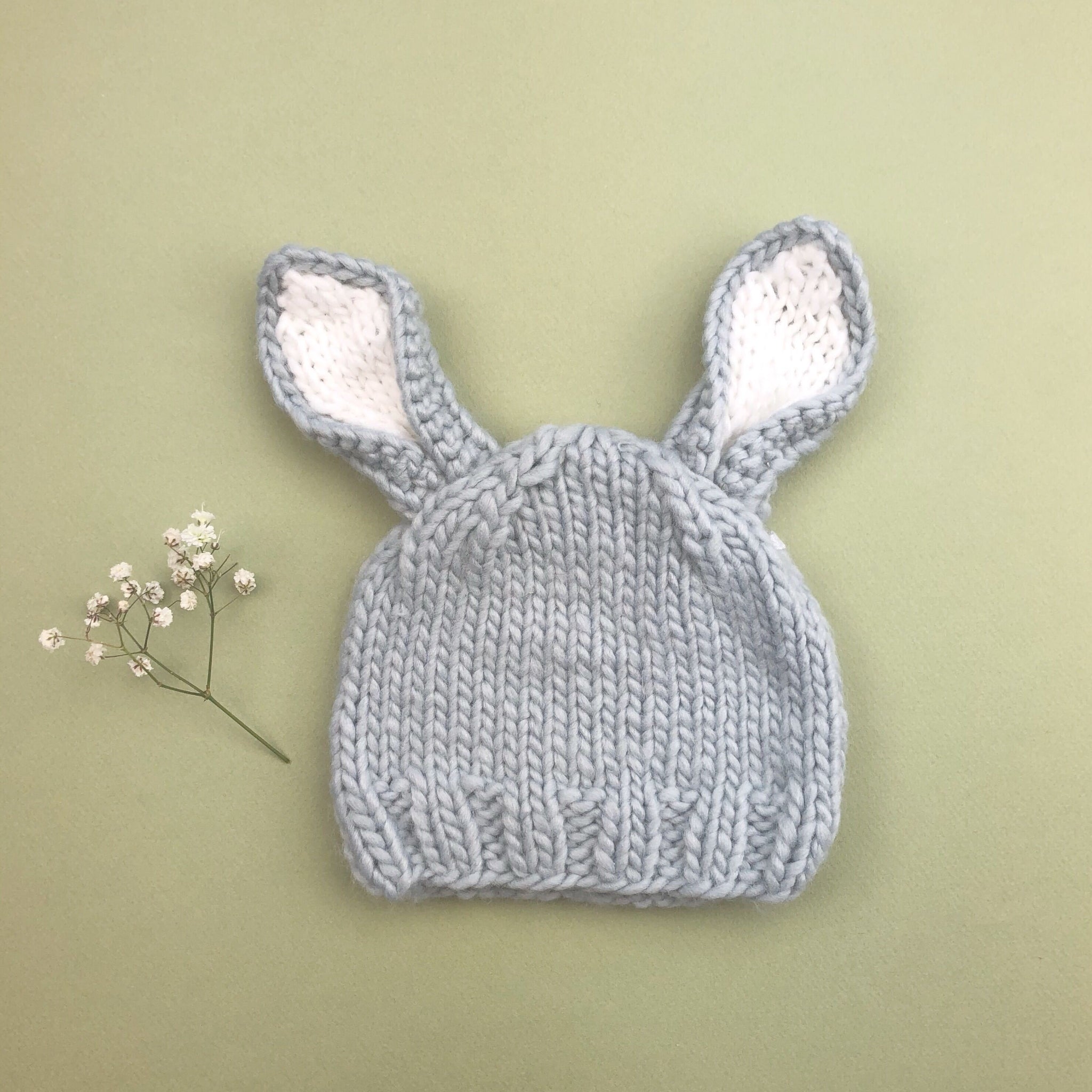 The Blueberry Hill Bailey Bunny Hand-Knit Hat, Grey with White Ears