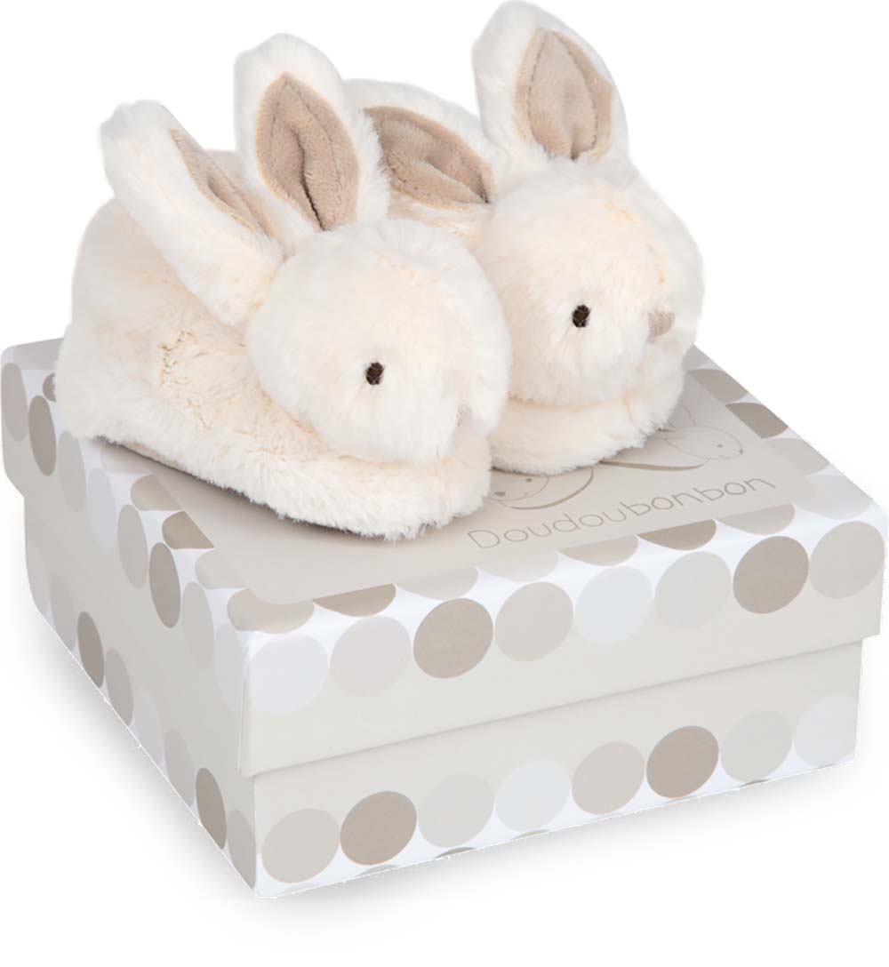 Doudou et Compagnie Classic Baby: Tan Bunny Booties With Rattle Rattles