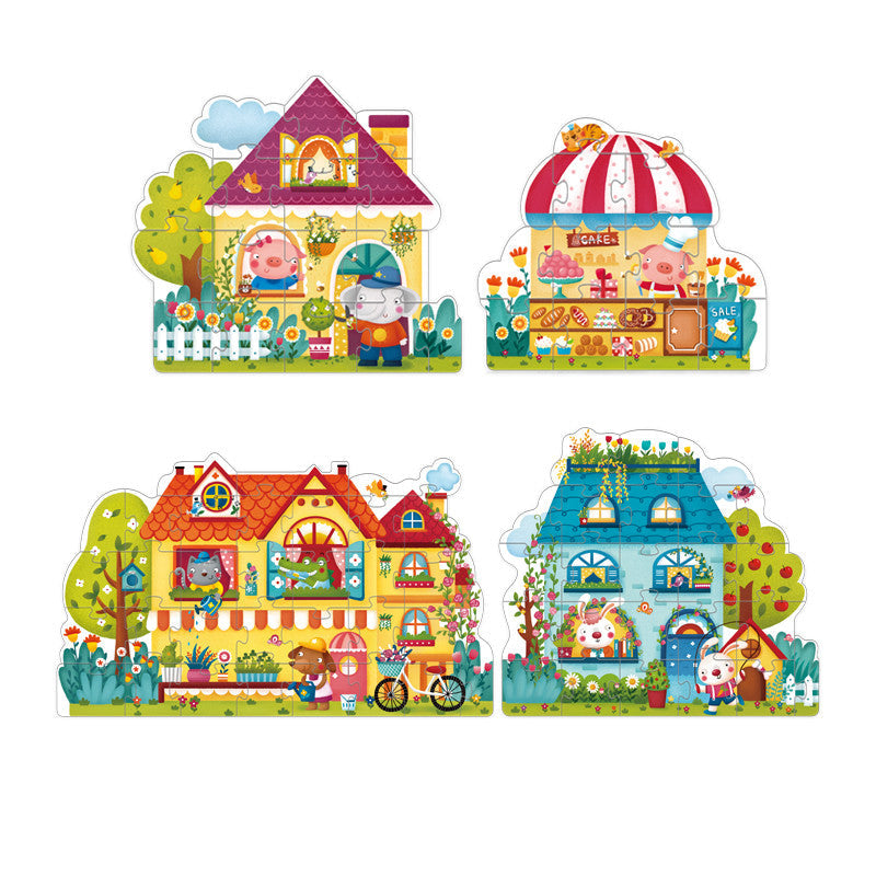 Mideer Set of 4 Progressive Puzzles: Lively Bazaar Homes and Shops Puzzle