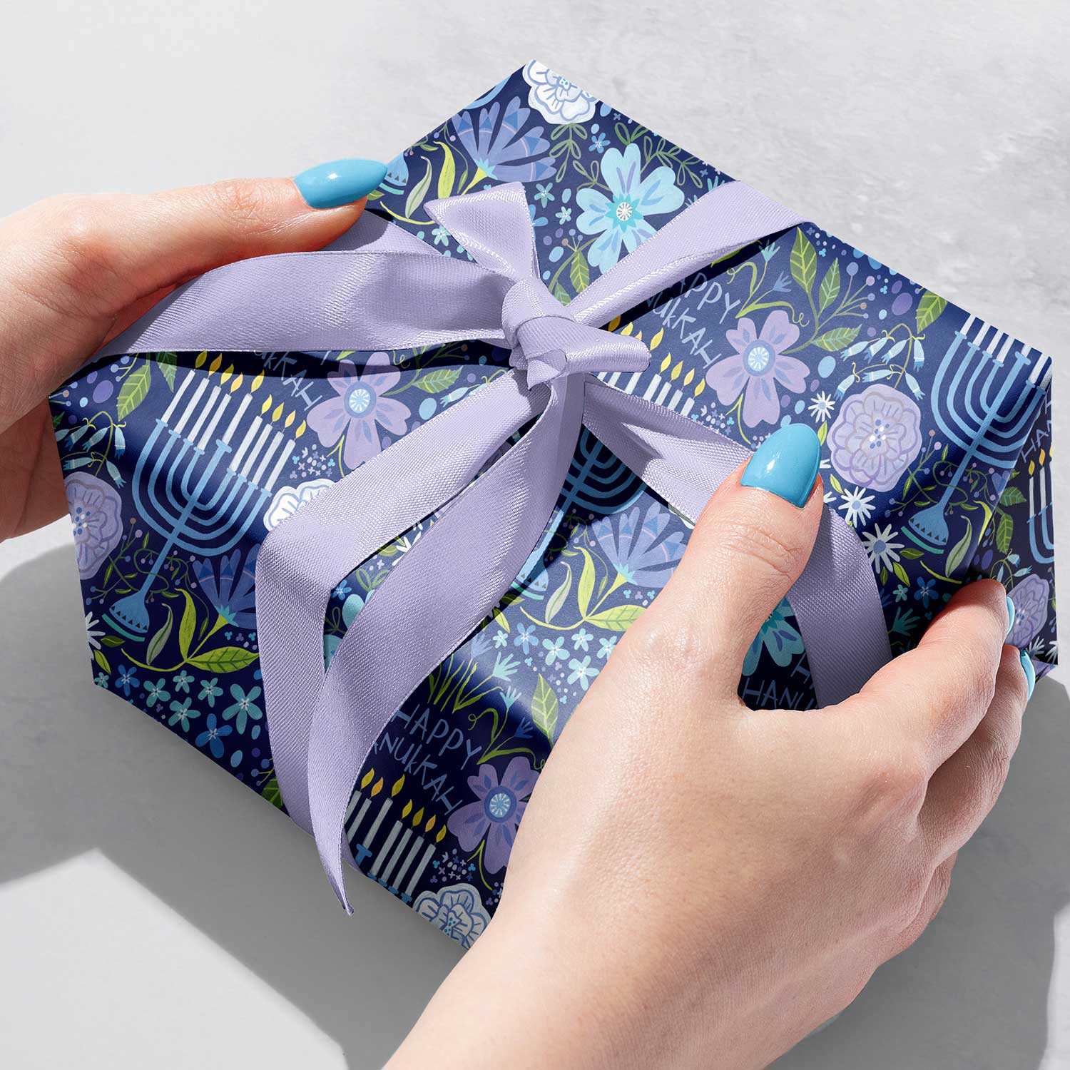 XB541b Floral Menorah Hanukkah Gift Wrapping Paper Gift Box 