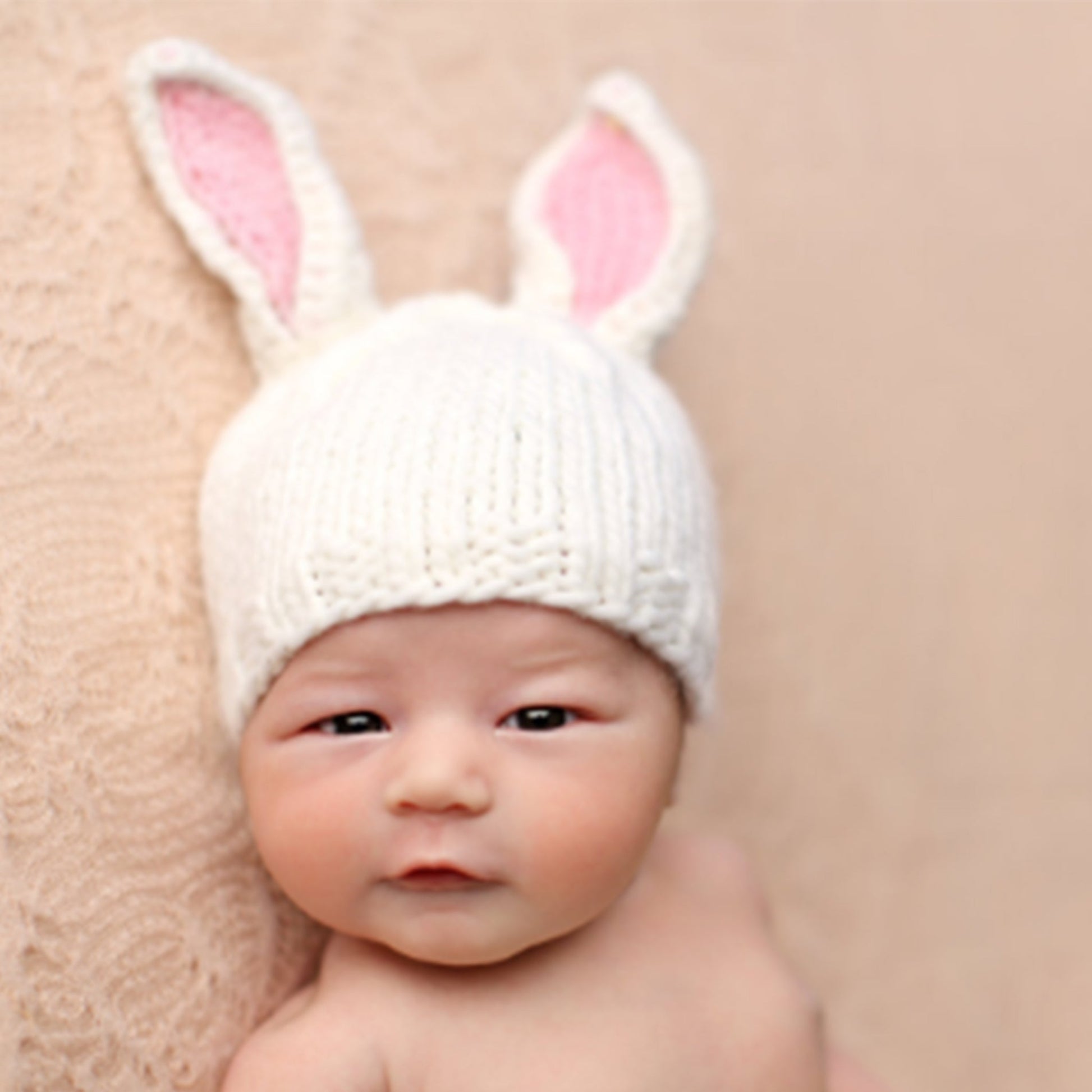 The Blueberry Hill Bailey Bunny Hand-Knit Hat, White with Pink Ears