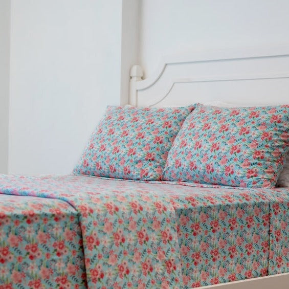 Flat Sheet Twin - Aqua Floral