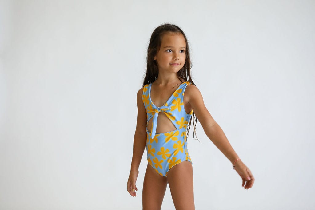 Girl's Cutout One Piece In Light Blue Plumeria