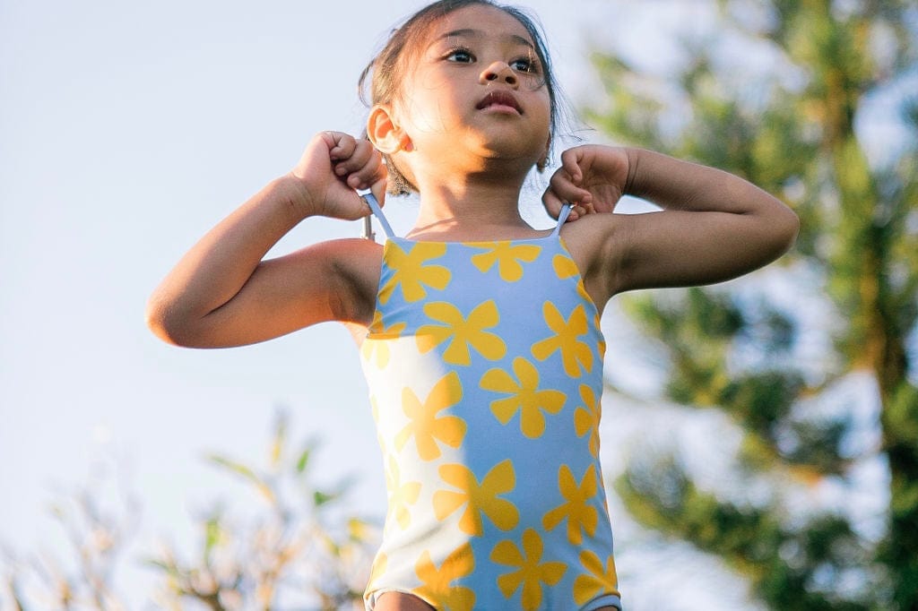 Girl's Strappy One Piece In Light Blue Plumeria