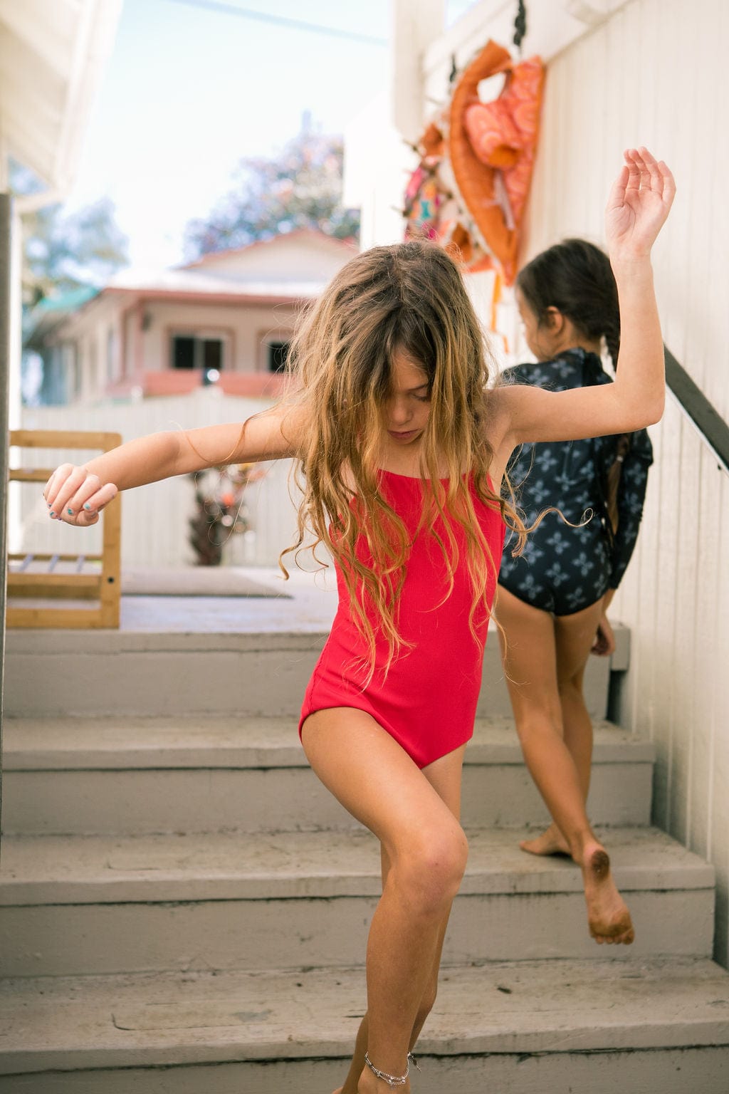 Girl's Strappy One Piece In Red Ribbed