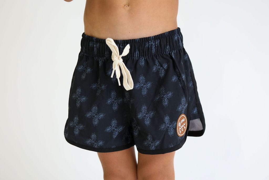 Kid’s Boardie Watershorts In Black Breadfruit Bandana