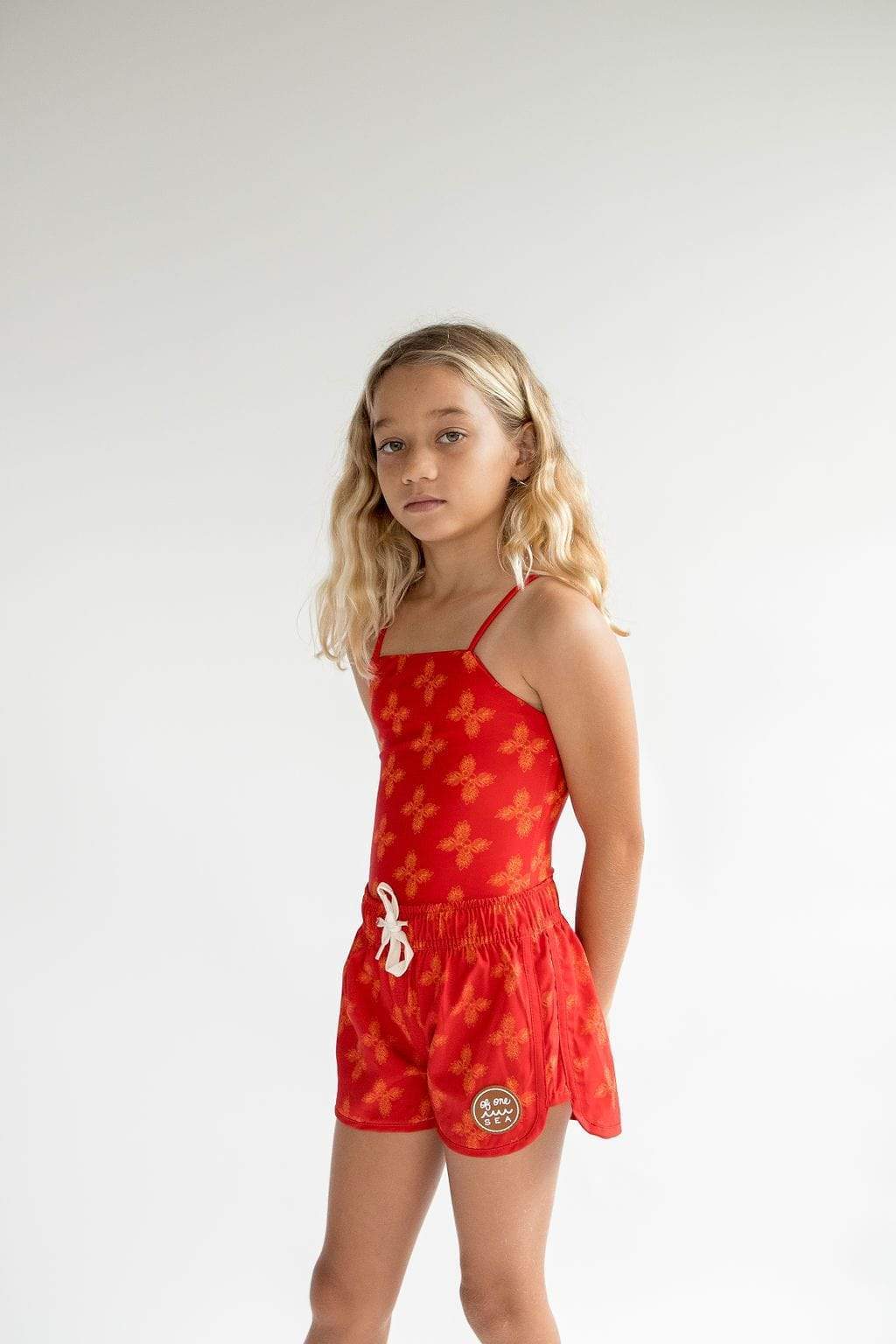 Kid’s Boardie Watershorts In Red Breadfruit Bandana