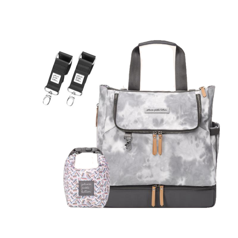 Petunia Pickle Bottom Convertible Tote Backpack Pivot Pack in Smoke Swirl Tie-Dye, Snack Pouch, Stroller Clip Bundle