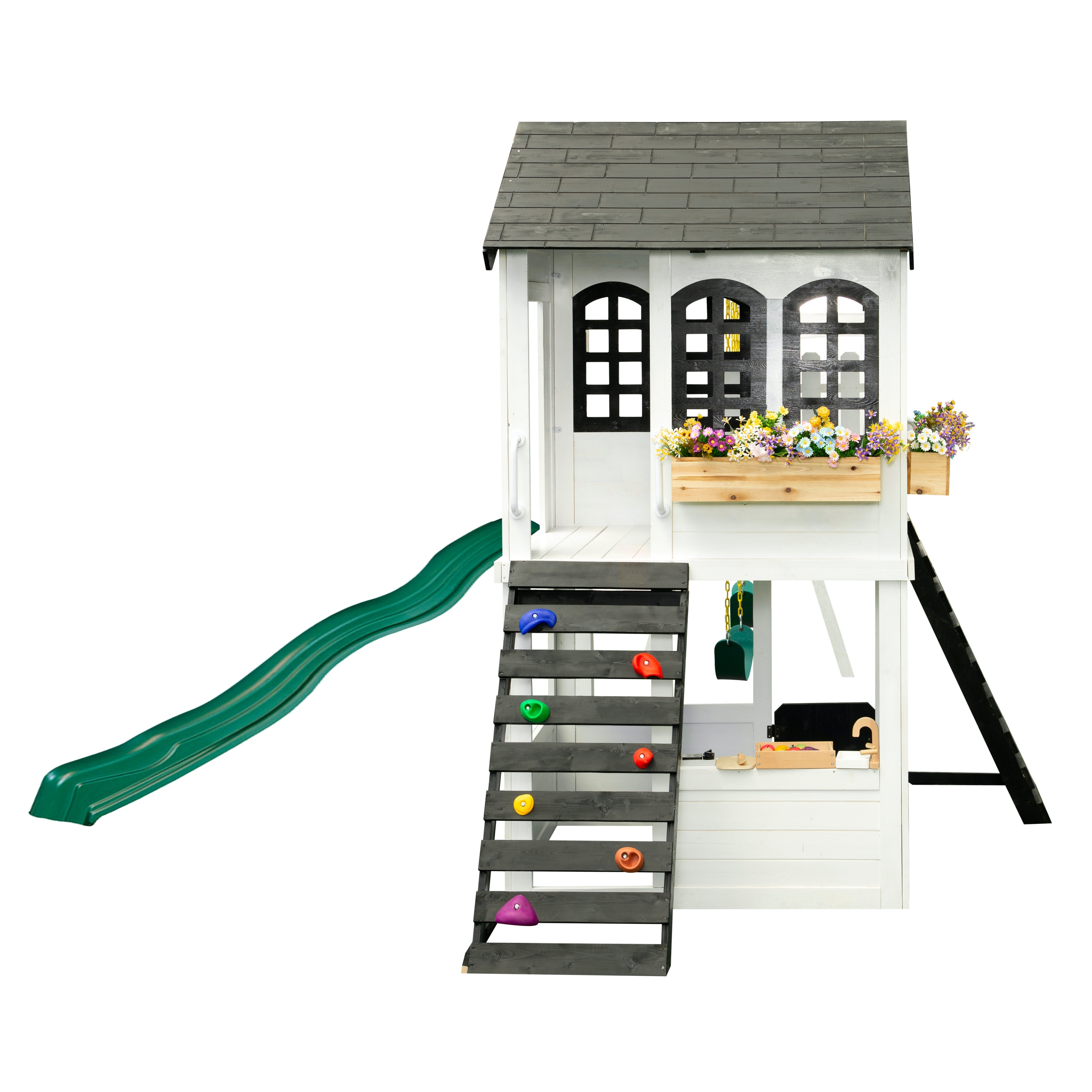 2MamaBees Reign Two Story Modern Farmhouse Black and White Playhouse with Slide and Optional Swings Playhouses