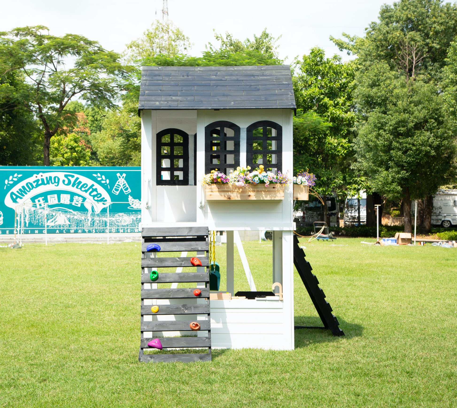 2MamaBees Reign Two Story Modern Farmhouse Black and White Playhouse with Slide and Optional Swings Playhouses