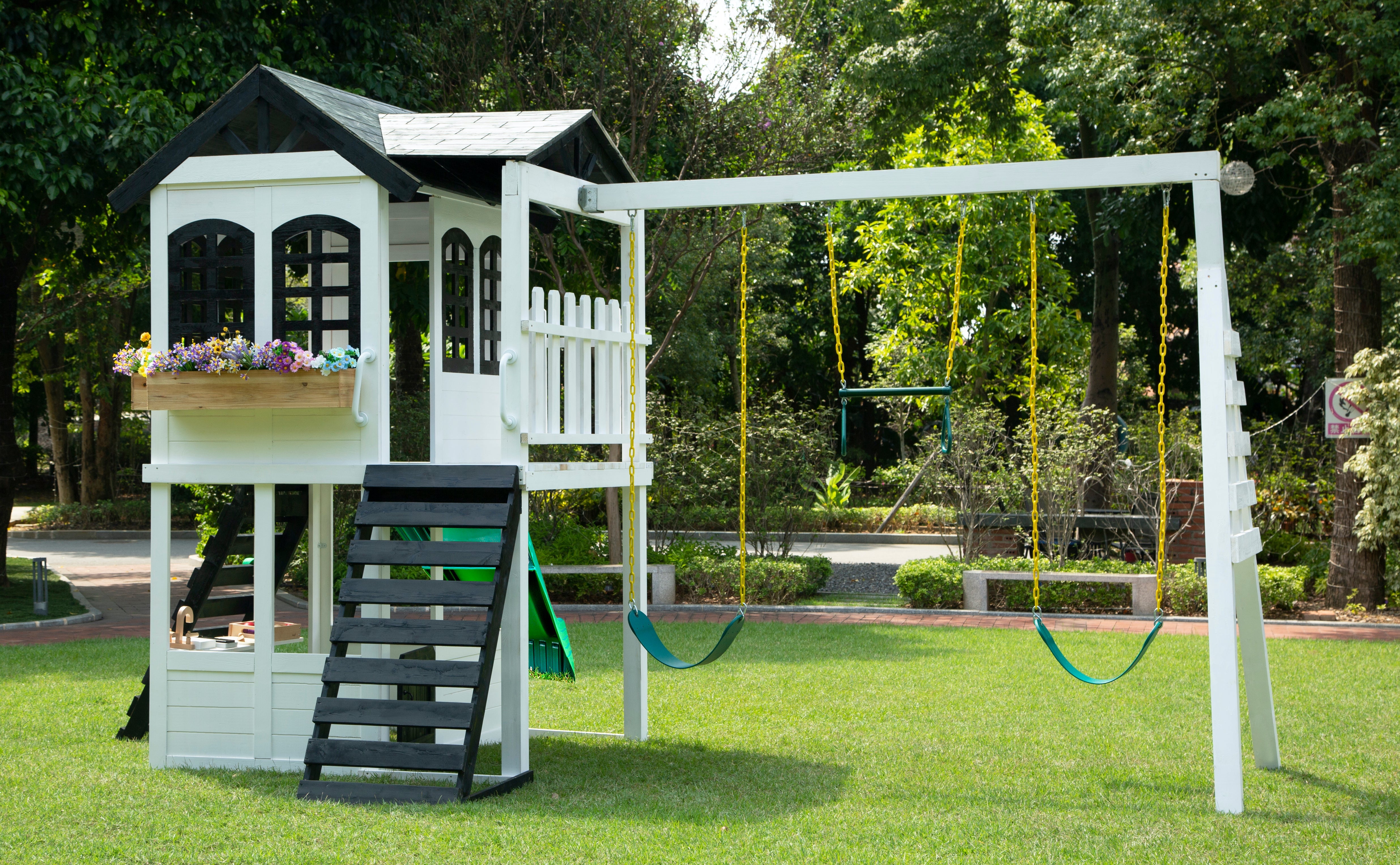 2MamaBees Reign Two Story Modern Farmhouse Black and White Playhouse with Slide and Optional Swings Playhouses